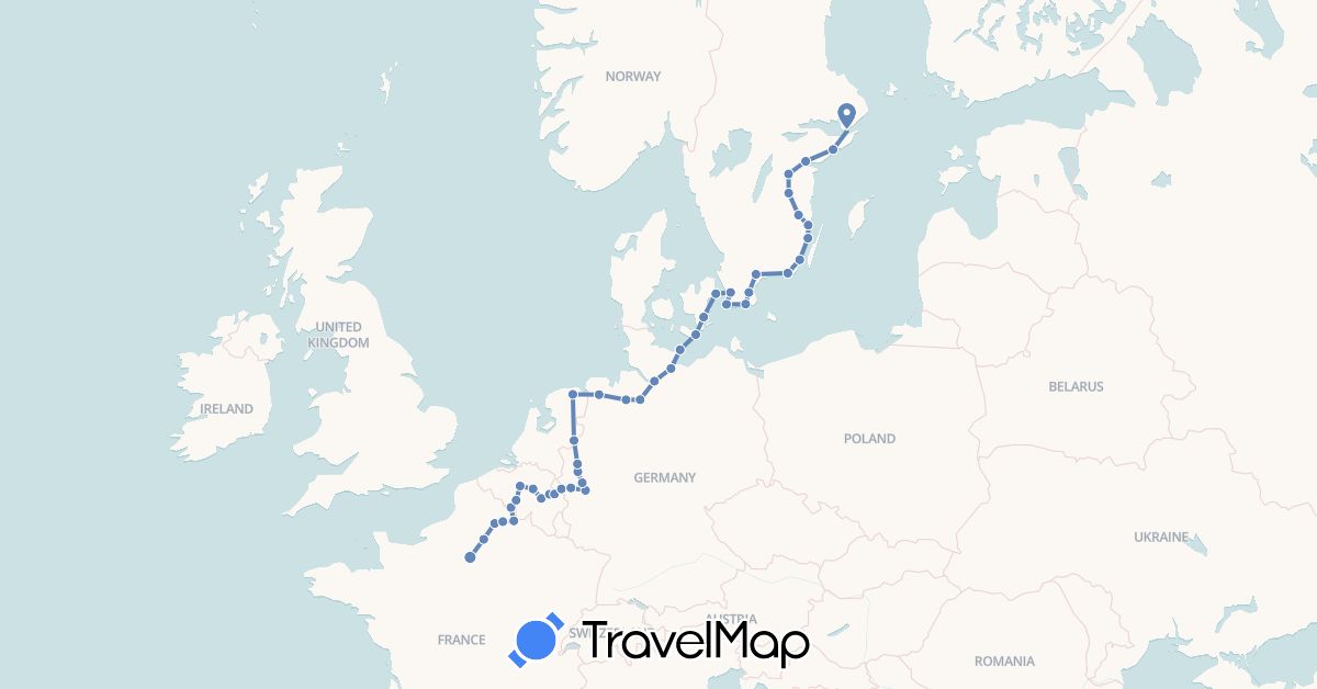 TravelMap itinerary: driving, cycling in Belgium, Germany, Denmark, France, Netherlands, Sweden (Europe)